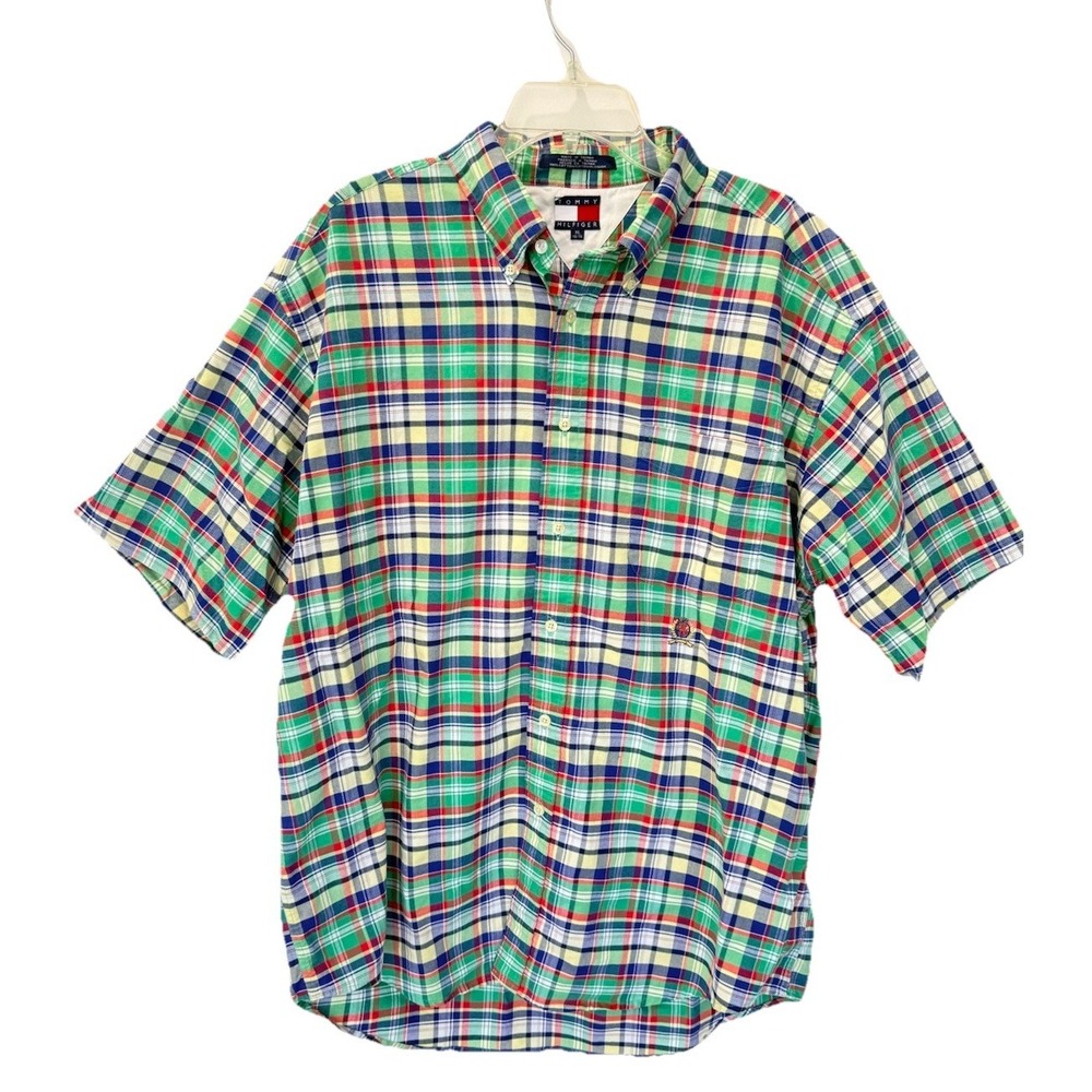 Vintage Tommy Hilfiger Colorful Plaid Crest Shirt Men XL Button Up Short Sleeve - Picture 2 of 9
